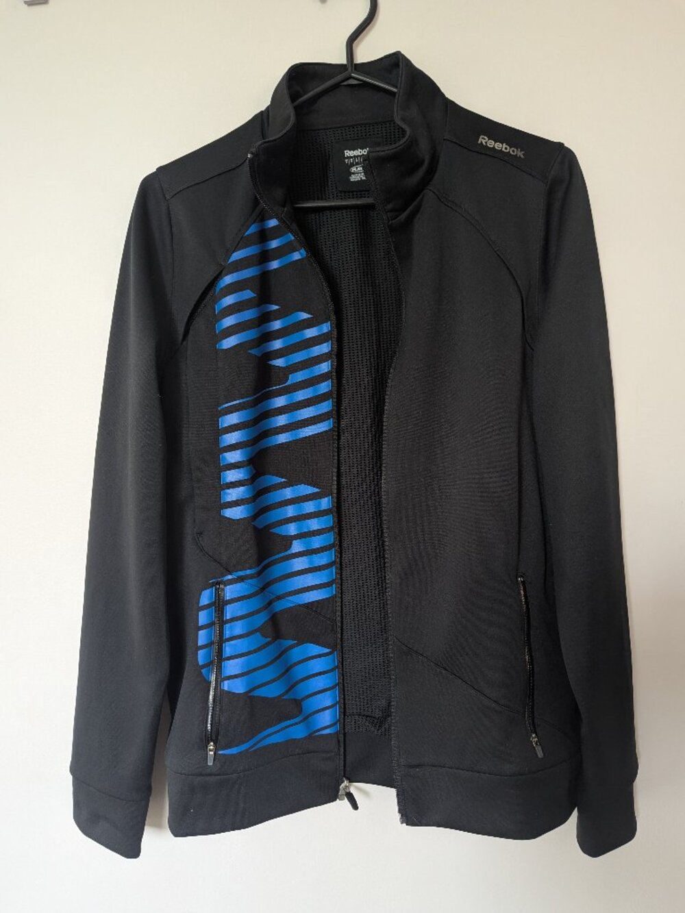 Reebok Mens Small Black Blue Full Zip Long Sleeve Track Jacket Play Dry